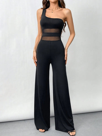 Women's Simple Elegant Black One Shoulder Mesh Flared Jumpsuit Jumpsuit