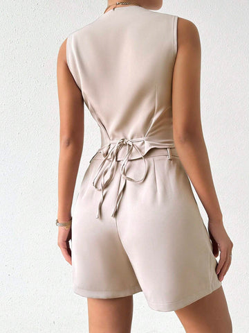 Women's Simple Solid Color Sleeveless Top And Shorts Set For Daily Wear