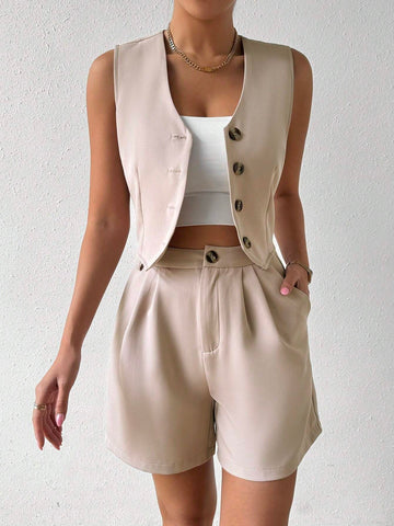 Women's Simple Solid Color Sleeveless Top And Shorts Set For Daily Wear