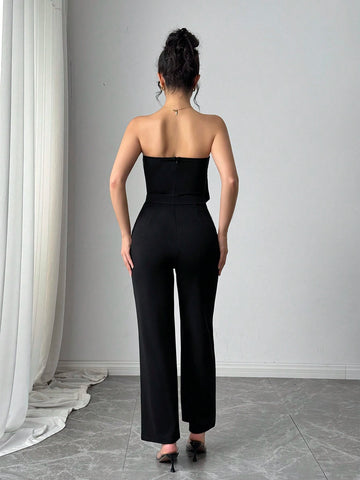 Women's Single-Breasted Bustier Flare Jumpsuit, Elegant Fashion