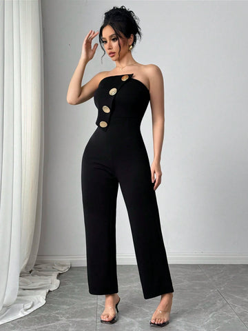 Women's Single-Breasted Bustier Flare Jumpsuit, Elegant Fashion
