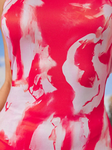 Women's Sleeveless Asymmetrical Hem Full Print Dress, Decorated With Ruffle And Open Back Design