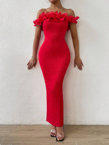 Women's Sleeveless Backless Slim Fit Mesh Patchwork Ruffle Trim Bodycon Dress
