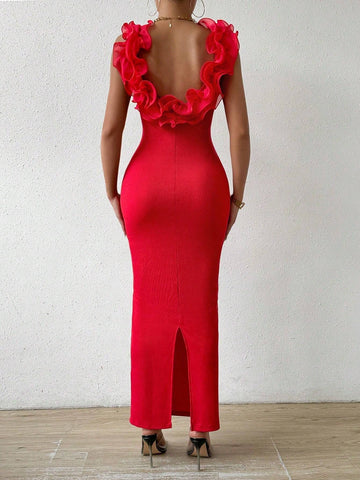 Women's Sleeveless Backless Slim Fit Mesh Patchwork Ruffle Trim Bodycon Dress