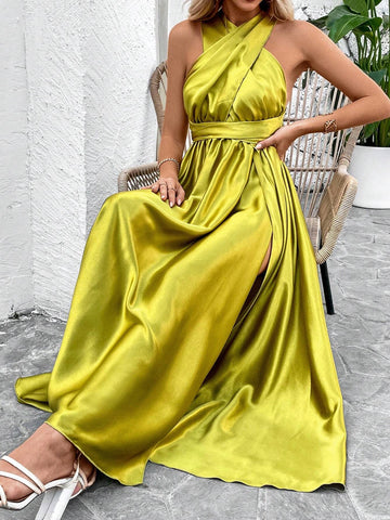 Women's Sleeveless Cross Wrap Front Dress With Side Slit