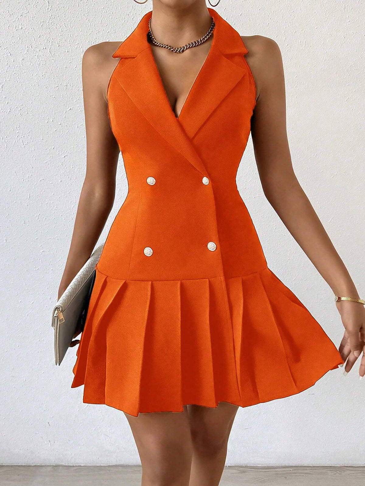 Women's Sleeveless Double-Breasted Suit Collar Pleated Summer Dress