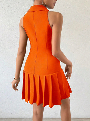 Women's Sleeveless Double-Breasted Suit Collar Pleated Summer Dress