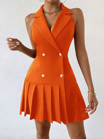 Women's Sleeveless Double-Breasted Suit Collar Pleated Summer Dress