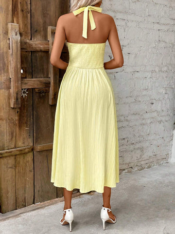 Women's Sleeveless Halter Neck Tie Waist Knot Front Dress