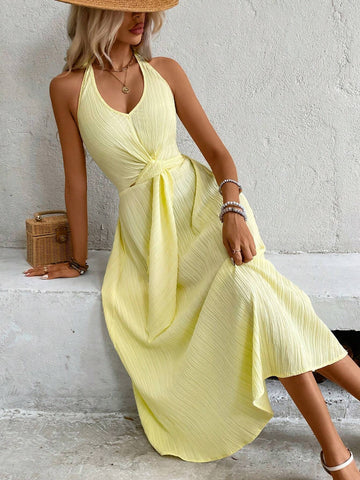 Women's Sleeveless Halter Neck Tie Waist Knot Front Dress