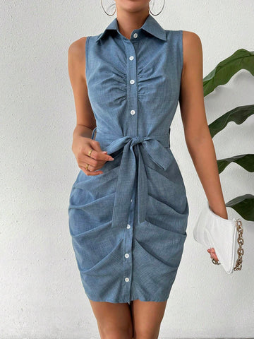 Women's Sleeveless Pleated Button Down Shirt Dress