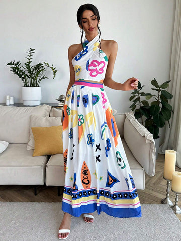 Women's Sleeveless Top + A-Line Beach Skirt Holiday Print Two-Piece Set