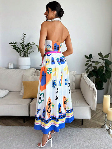 Women's Sleeveless Top + A-Line Beach Skirt Holiday Print Two-Piece Set