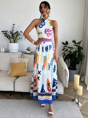 Women's Sleeveless Top + A-Line Beach Skirt Holiday Print Two-Piece Set