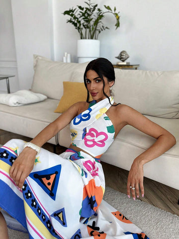 Women's Sleeveless Top + A-Line Beach Skirt Holiday Print Two-Piece Set