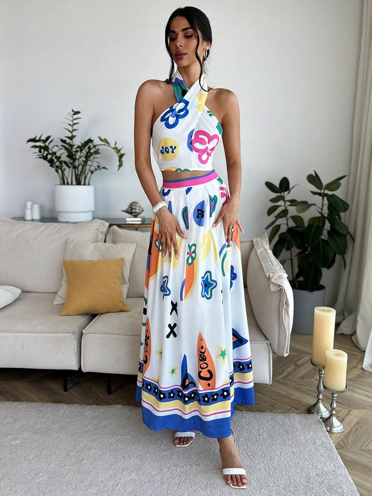 Women's Sleeveless Top + A-Line Beach Skirt Holiday Print Two-Piece Set