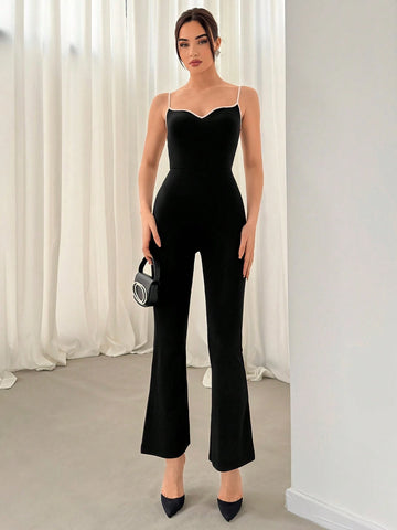 Women's Slim Elegant Color Block Bodysuit Jumpsuit With Flared Hem And Trim