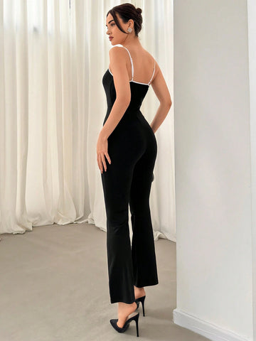 Women's Slim Elegant Color Block Bodysuit Jumpsuit With Flared Hem And Trim