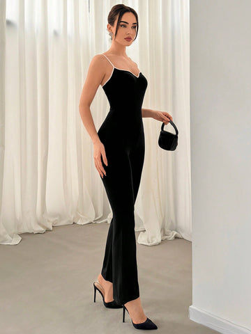 Women's Slim Elegant Color Block Bodysuit Jumpsuit With Flared Hem And Trim