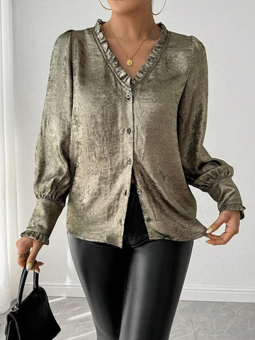 Privé Women's Slim Fit Flounced Hem Foil Printed Blouse