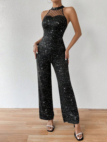 Women's Slim Fit Glittering Halter Neck Backless Jumpsuit With Netting Splice