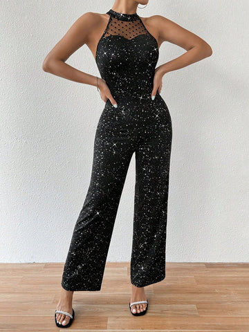 Women's Slim Fit Glittering Halter Neck Backless Jumpsuit With Netting Splice