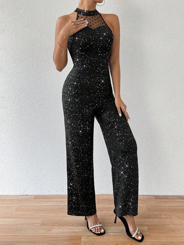 Women's Slim Fit Glittering Halter Neck Backless Jumpsuit With Netting Splice