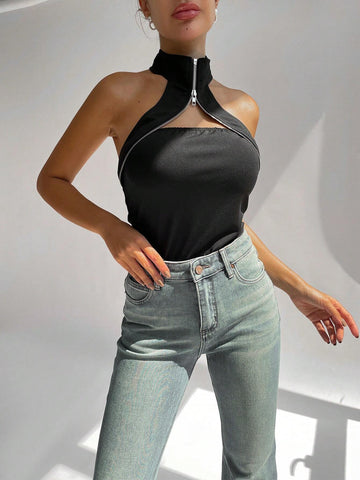 Women's Slim Fit Zipper Neck Halter Bodysuit