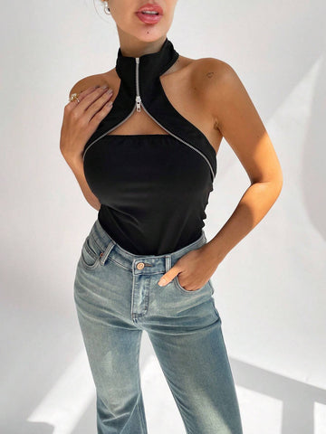 Women's Slim Fit Zipper Neck Halter Bodysuit
