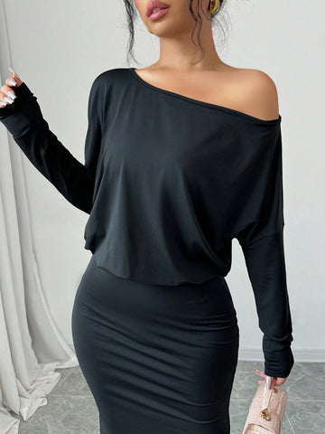 Women's Solid Color Asymmetric Collar Batwing Sleeve Elegant Dress, Spring/Fall