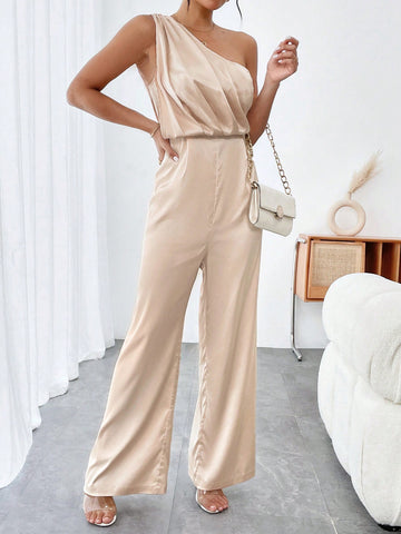 Women's Solid Color Asymmetric Neckline Sleeveless Jumpsuit