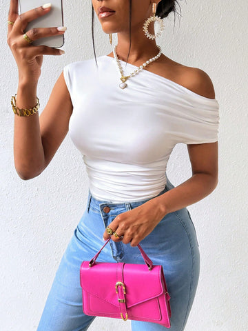 Women's Solid Color Asymmetrical Collar Bodysuit