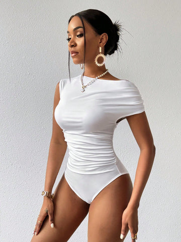 Women's Solid Color Asymmetrical Collar Bodysuit
