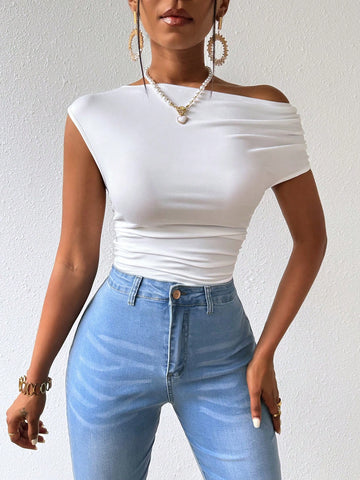 Women's Solid Color Asymmetrical Collar Bodysuit