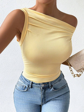 Women's Solid Color Asymmetrical Collar Pleated Bodysuit
