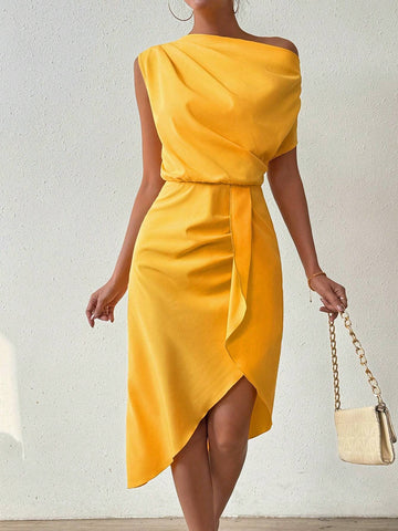 Women's Solid Color Asymmetrical Neck Wrap Dress