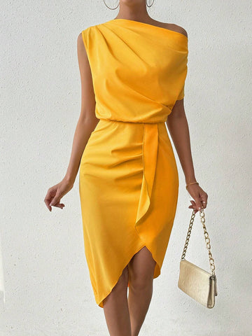 Women's Solid Color Asymmetrical Neck Wrap Dress