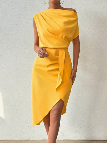 Women's Solid Color Asymmetrical Neck Wrap Dress
