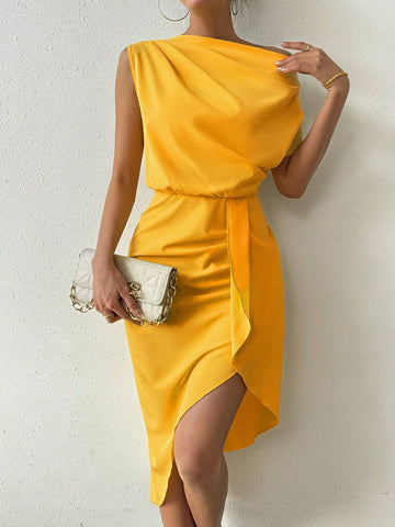 Women's Solid Color Asymmetrical Neck Wrap Dress