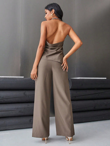 Women's Solid Color Backless Halter Top And Wide Leg Pants Two Piece Set
