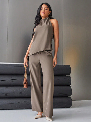 Women's Solid Color Backless Halter Top And Wide Leg Pants Two Piece Set
