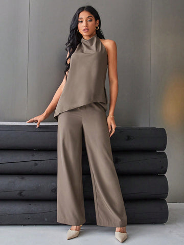 Women's Solid Color Backless Halter Top And Wide Leg Pants Two Piece Set