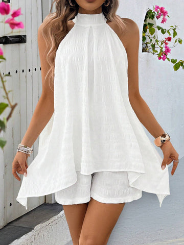 Women's Solid Color Backless Self-Tie Halter Neck Jumpsuit Shorts