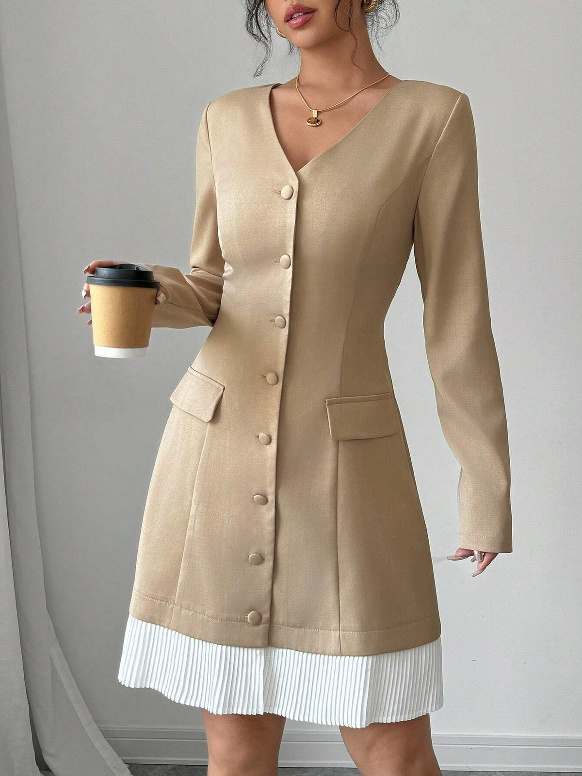 Women's Solid Color Contrast Front Button Long Sleeve Faux Pocket Casual Dress