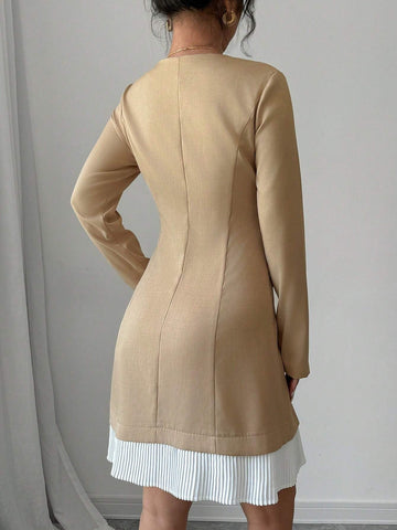 Women's Solid Color Contrast Front Button Long Sleeve Faux Pocket Casual Dress