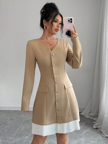 Women's Solid Color Contrast Front Button Long Sleeve Faux Pocket Casual Dress