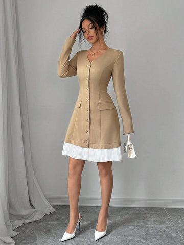Women's Solid Color Contrast Front Button Long Sleeve Faux Pocket Casual Dress
