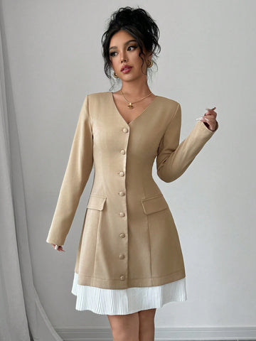 Women's Solid Color Contrast Front Button Long Sleeve Faux Pocket Casual Dress