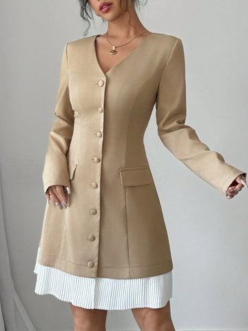 Women's Solid Color Contrast Front Button Long Sleeve Faux Pocket Casual Dress