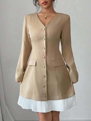 Women's Solid Color Contrast Front Button Long Sleeve Faux Pocket Casual Dress